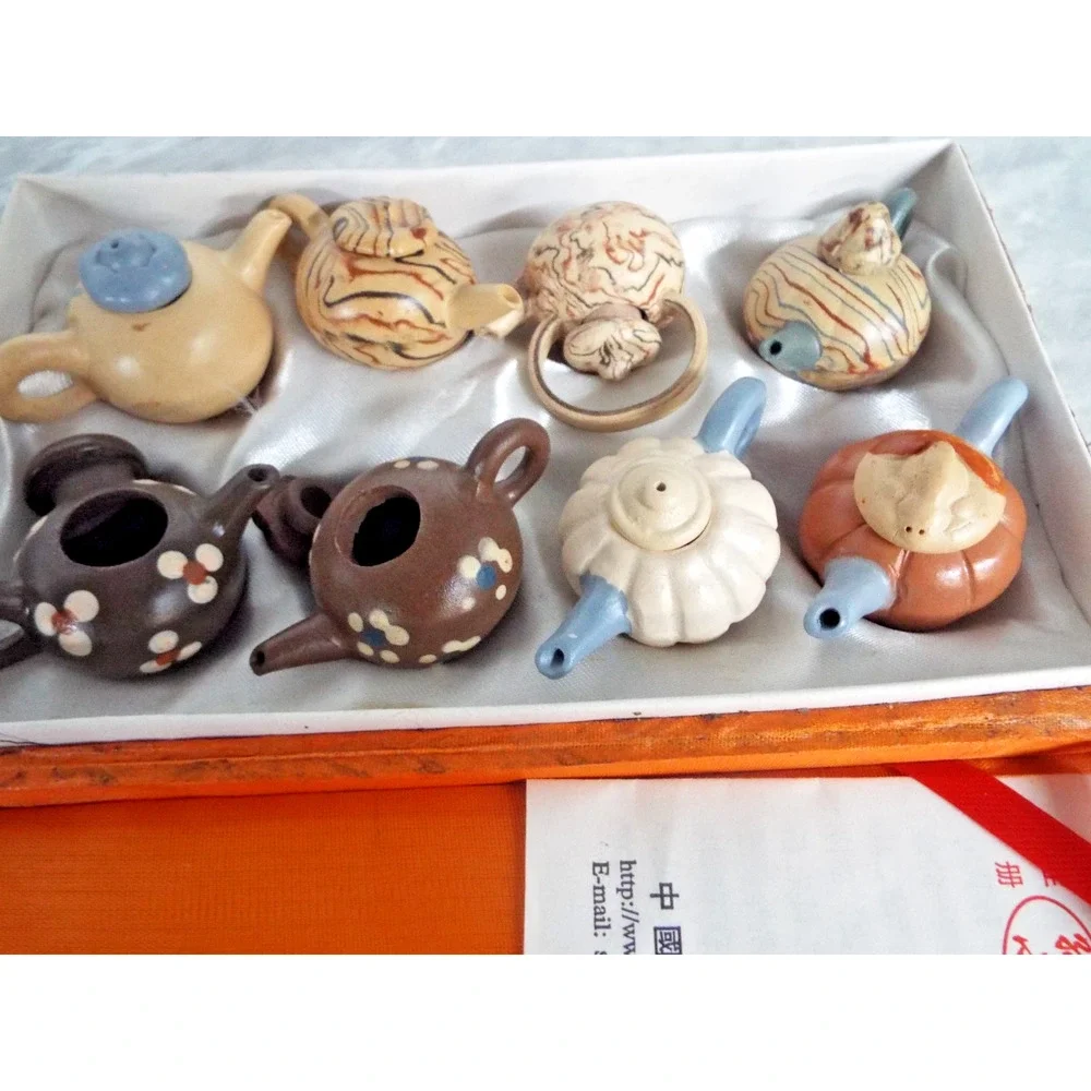 Vintage Set of 8 Yixing Zisha Purple Clay Miniature Teapots Chinese Gift Box